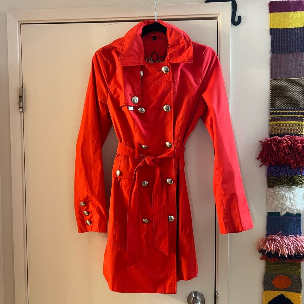 Guess Vibrant Red/Pink Trench Coat with Gold Buttons